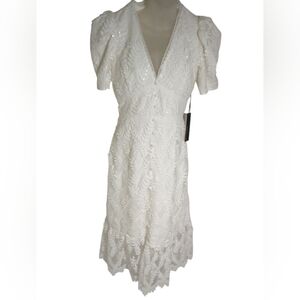 Adelyn Rae White Embroidered Lace Midi Dress Women’s Puff Sleeve V-Neck Cocktail